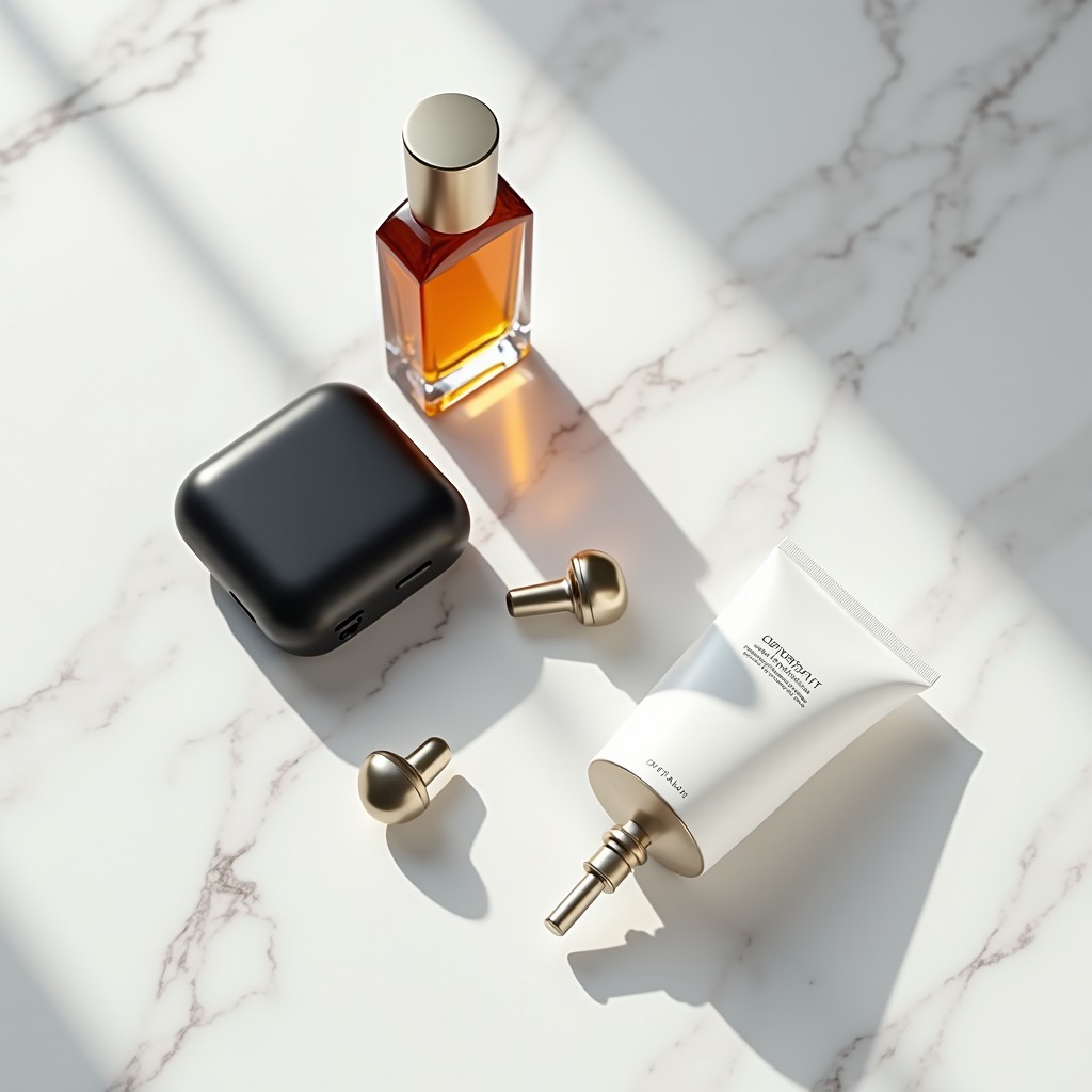 Curated product selection on marble surface
